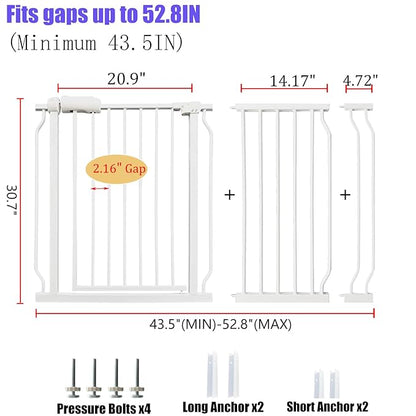 Extra Wide Baby Gate 48-53 Inch, Tension Mounted No Drilling, Pressure Mounted Indoor Safety Gate for Stairs &amp; Doorways - Metal Design for Kids and Pets, White