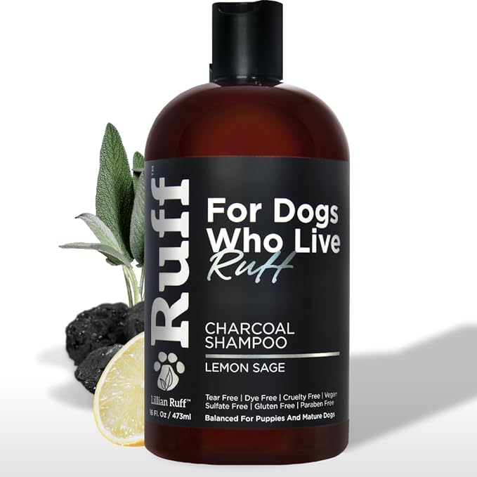 Ruff by Lillian Ruff Activated Charcoal Pet Shampoo – Deep Cleanser, Deodorizer, Stain Remover – Lemon Sage Scent, pH Balanced, Hydrate Dry Itchy Skin – Safe for Puppies &amp; Mature Dogs
