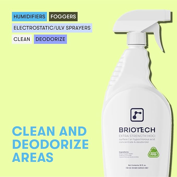 BRIOTECH Extra Strength HOCl Cleaner, 500 PPM Hypochlorous Acid Concentrate, ULV Foggers &amp; Humidifiers, Professional Deodorizer for Dental, Offices, Schools, Homes, Peroxide Free, 1 Gallon (4 Pack)