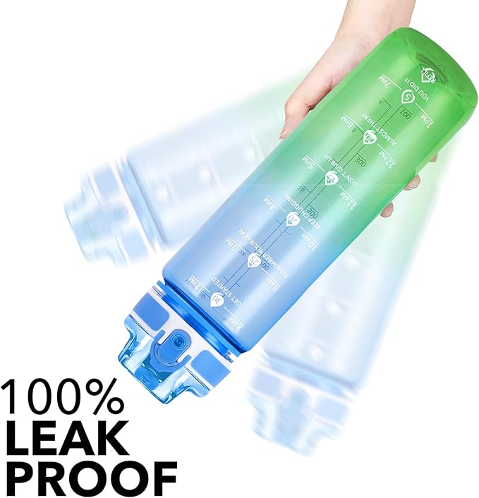 32oz Motivational Water Bottles with Time Marker &amp; Fruit Strainer, Transparent Gradient Color Water Bottle with Times to Drink, Leakproof &amp; BPA Free, Reusable Bottle with Strap (No Straw)