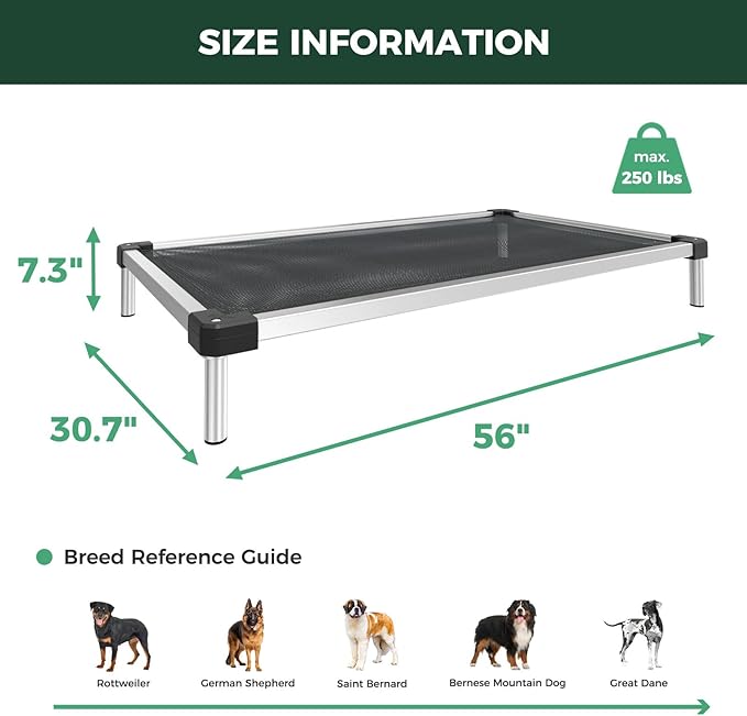 FXW TitanNest Chew-Proof Elevated Dog Bed, Raised Cot for Indoor/Outdoor/Camping Use, Durable &amp; Waterproof Cooling Pet Bed for Extra Large Dogs, 56.0" L x 31.0" W x 7.3" H, Black