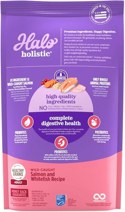 Halo Holistic Cat Food Wild Caught Salmon &amp; Whitefish Formula, Healthy Grains Dry Cat Food, Complete Digestive Health, Kibble for Adult Cats, 10 lb Bag