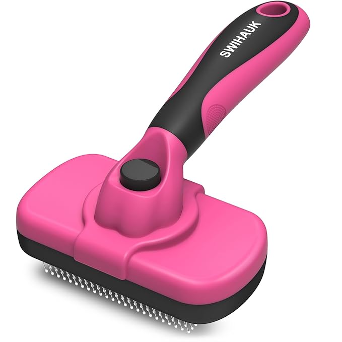 Swihauk Self Cleaning Slicker Brush for Dogs &amp; Cats - Skin Friendly Grooming, Deshedding, Hair Removal for Puppies &amp; Long/Short Haired Pets, Pet Supplies Accessory, Pink