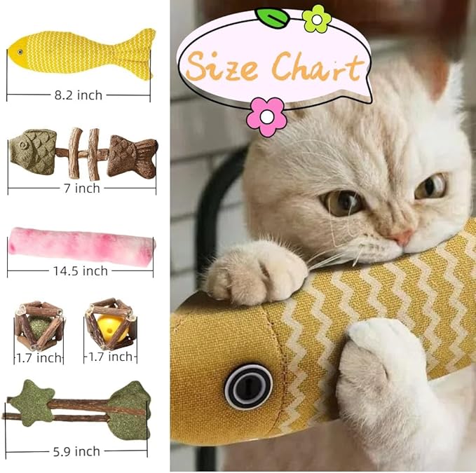 Natural Cat Toys Set with Catnip Fish &amp; Bone,Catnip Plush Toy &amp; Natural Silvervine Stick Cage Balls &amp; cat nip for Cats Lolipop, 8-Piece cat Toys for Indoor Cats Interactive Pet Toys