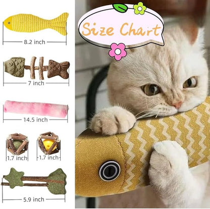 Natural Cat Toys Set with Catnip Fish &amp; Bone,Catnip Plush Toy &amp; Natural Silvervine Stick Cage Balls &amp; cat nip for Cats Lolipop, 8-Piece cat Toys for Indoor Cats Interactive Pet Toys