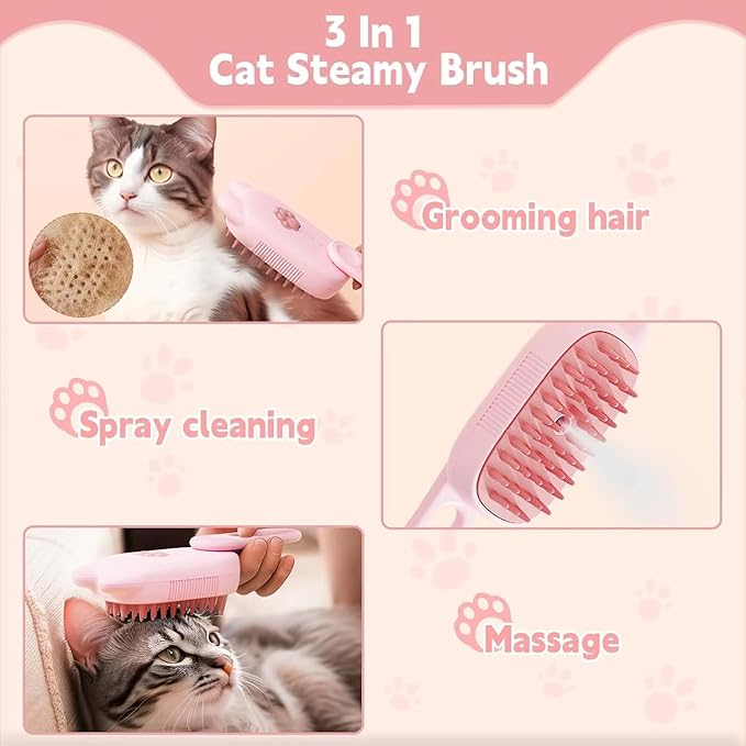 4 in 1 Cat Steam Brush Rechargeable pet spray comb Steam Brush for Cats and Dogs, Massage, Cleaning, Shedding &amp; Combing Multifunctional Hair Removal Anti Static Grooming Tool for home (Pink)