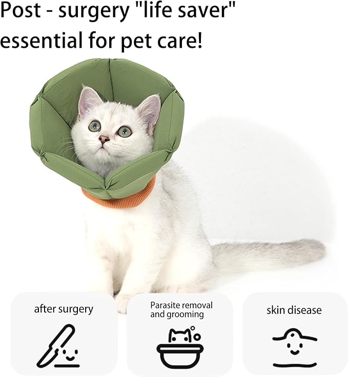 Cat Cone Collar - Soft Waterproof Elizabethan for Cats, Cute Green Flower Anti-Lick Recovery Collar, Adjustable Healing Collar for Wound Care &amp; Surgery，S