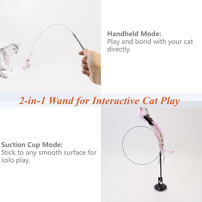 12PCS Interactive Cat Feather Wand Toy Set – 11 Bird &amp; Feather Teaser Refills with Bells + Flexible Suction Cup Wand – Realistic Bird Design, Natural Materials, Indoor Cat Toys for Exercise &amp; Play