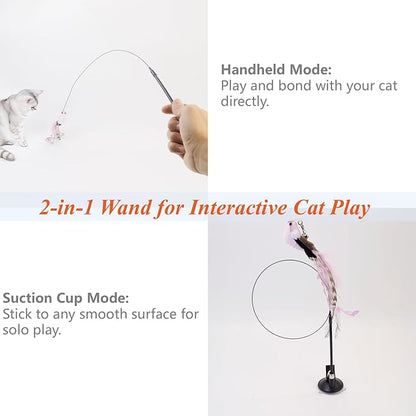 12PCS Interactive Cat Feather Wand Toy Set – 11 Bird &amp; Feather Teaser Refills with Bells + Flexible Suction Cup Wand – Realistic Bird Design, Natural Materials, Indoor Cat Toys for Exercise &amp; Play