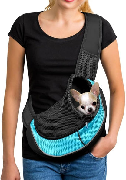 YUDODO Pet Sling Carrier for Small Dogs &amp; Cats – Hands-Free Puppy Carrier with Safety Hook, Large Zipper Pocket, Soft Breathable Mesh, Adjustable Strap &amp; Reflective Strip (Cyan 2.0 S)