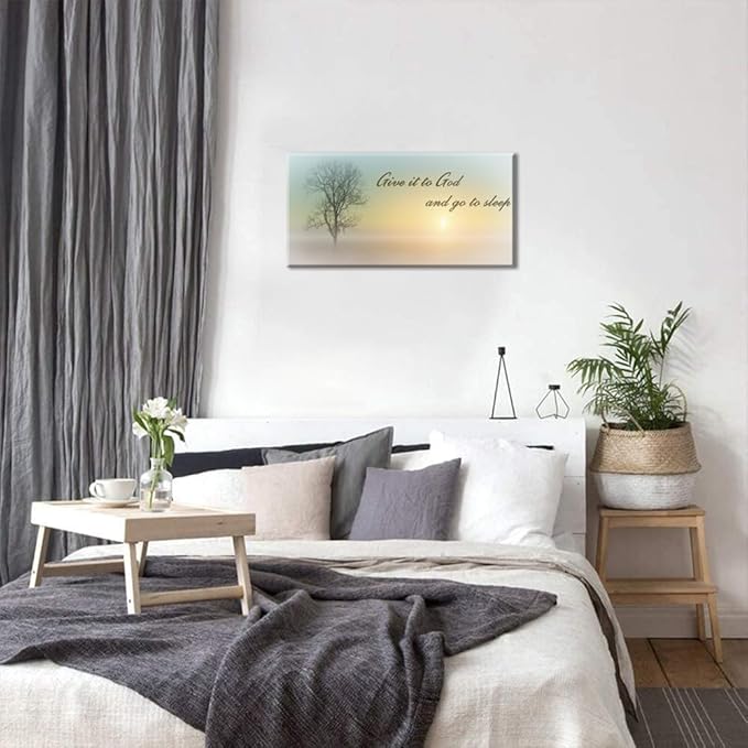 Lasdel Canvas Wall Art of Misty Sunset &amp; Tree Plant Picture For Bedroom Home Above Bed, White Country Wood Sign For Bathroom, Give It To God &amp; Go to Sleep Artwork Decor, Inner Frame 20x40 Inches