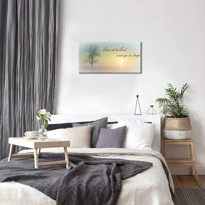 Lasdel Canvas Wall Art of Misty Sunset &amp; Tree Plant Picture For Bedroom Home Above Bed, White Country Wood Sign For Bathroom, Give It To God &amp; Go to Sleep Artwork Decor, Inner Frame 20x40 Inches