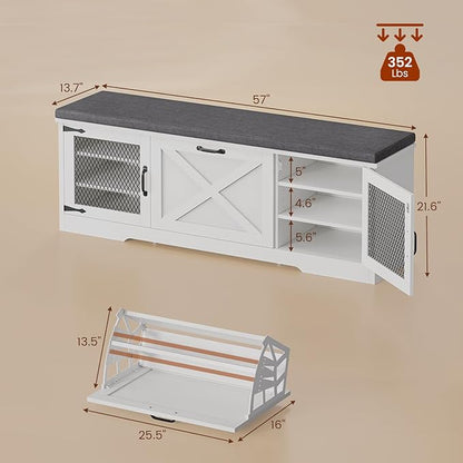 Farmhouse Storage Bench with Flip Drawers &amp; Padded Seat Cushion, Half Hidden Shoe Rack Organizer, Adjustable Shelf Shoe Cabinet for Large Family, Entryway, Bedroom, Living Room (White)