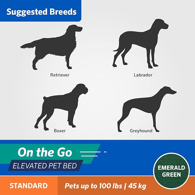 Coolaroo On-The-Go Elevated Dog Bed - Foldable Pop-Up Travel Dog Bed with Breathable, Moisture-Resistant Fabric, Carry Bag Included, Lightweight &amp; Portable, Emerald Green, Large