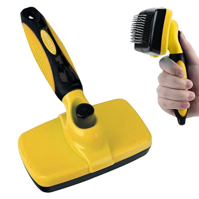Large Self Cleaning Deshedding Brush for Dogs &amp; Cats - One Button Hair Release Grooming Tool, Gentle Massage Brush for Long and Short Hair (Yellow)