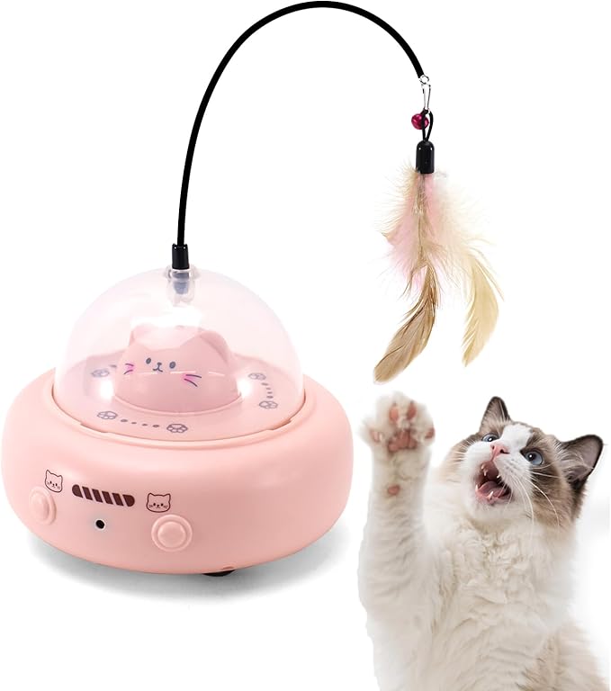 Automatic Cat Toys with Feathers, Interactive Cat Toy for Indoor Exercise, Rechargeable Teasing Toys for Indoor Cats, USB Powered, Smart Standby&amp;Obstacle Avoidance(Pink)