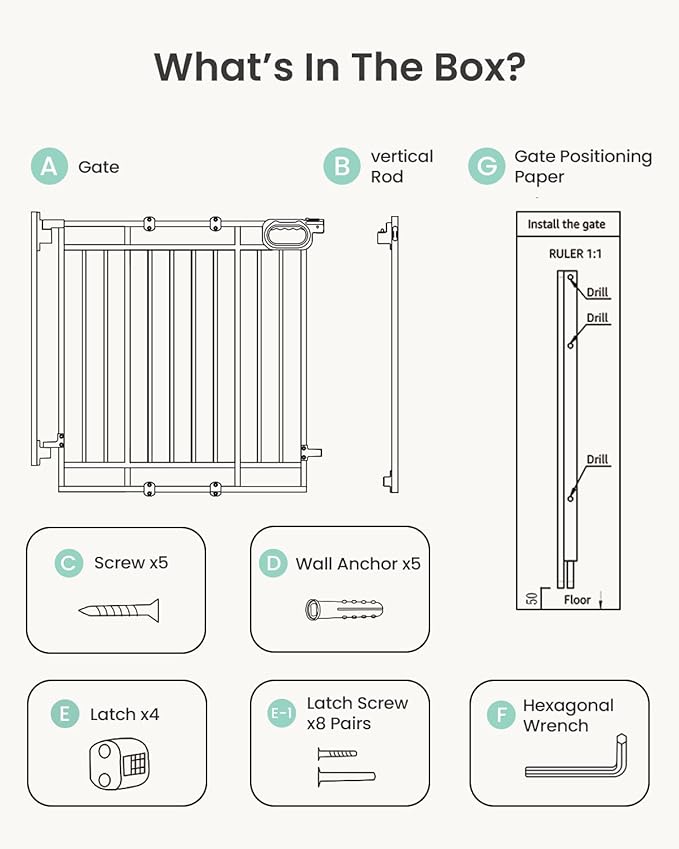 Grownsy Baby Gate for Stairs- No Bottom Bar, Adjustable Width 29.8” to 43.5” for Child and Pet, Dog Gate with Auto-Close &amp; One-Hand Operation, Screw-in Installation for Doorways and Indoor Use