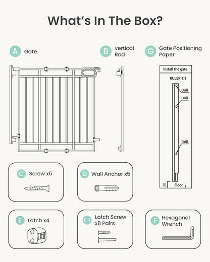Grownsy Baby Gate for Stairs- No Bottom Bar, Adjustable Width 29.8” to 43.5” for Child and Pet, Dog Gate with Auto-Close &amp; One-Hand Operation, Screw-in Installation for Doorways and Indoor Use