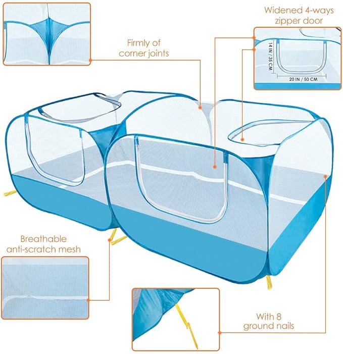 Lukovee Small Animals Playpen, Chicken Pen with Escape-Proof Detachable Bottom &amp; 4 Zipper Doors, Breathable Foldable Portable Large Chicken Run Coop for Puppy Duck Kitten Rabbits Outdoor Yard (Blue)