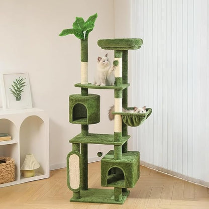 Hoopet 70-Inch Large Cat Tree for Multiple Cats Cat Tower with 2 Condos, Scratching Posts, Hammock &amp; Platform, Plush Perch for Indoor Activity Relaxing Easy Assembly Green