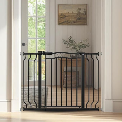 29.53"-43.30" Mornyray Auto-Close Baby Gate Extra Wide, Pressure Mounted Dog &amp; Pet Gate for Stairs Doorways, No Drill Safety Barrier with Lace Design, Metal Child Proof Gate Indoor Outdoor, Black