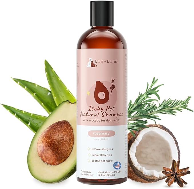kin+kind Anti-Itch Dog &amp; Cat Shampoo for Itchy Skin and Allergies - Safe, Natural Formula with Olive, Coconut, and Avocado Oil - Made in The USA - Great for Dog Grooming and Cat Supplies (12 fl oz)