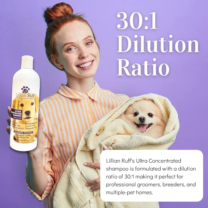 Lillian Ruff High Concentrate Professional Grooming Shampoo for Dogs with Hydrating Essential Oils – 30:1 Concentration for Bathing System - Clean, Condition, &amp; Deodorize Dry, Sensitive Skin (16oz)