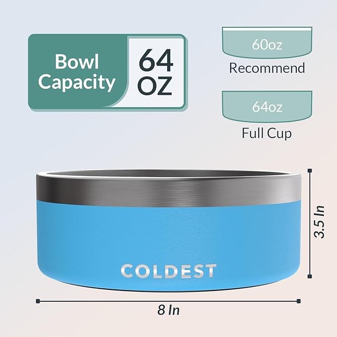 Coldest Dog Bowl - Anti Rust Metal, Non Slip, 3 Layers Insulated Stainless Steel Dog Bowls - Spill Proof &amp; Heavy Duty - Water Bowl for Dogs, Cats &amp; Pets, Dish Washer Safe (64 oz, Celestial Blue)