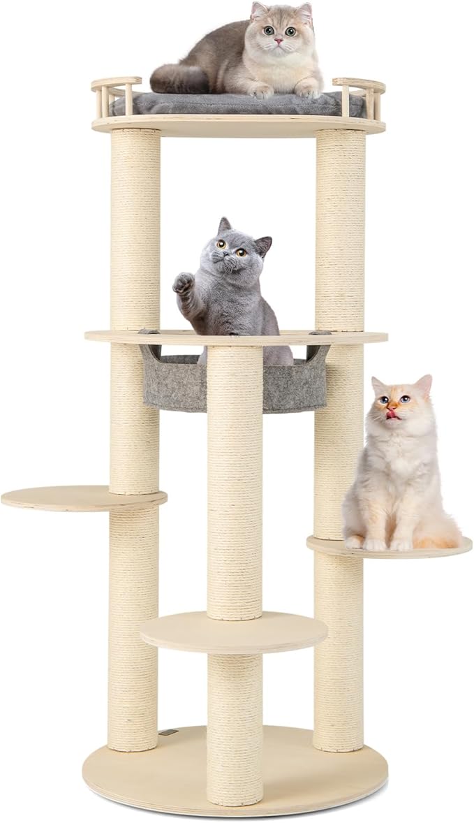 Tangkula Wood Cat Tree, 59 Inch Multi-Level Cat Tower with Top Padded Perch, Hammock, 3 Platforms &amp; Sisal Scratching Posts, Large Modern Cat Tree Tower for Indoor Cats Kittens (59 Inch)
