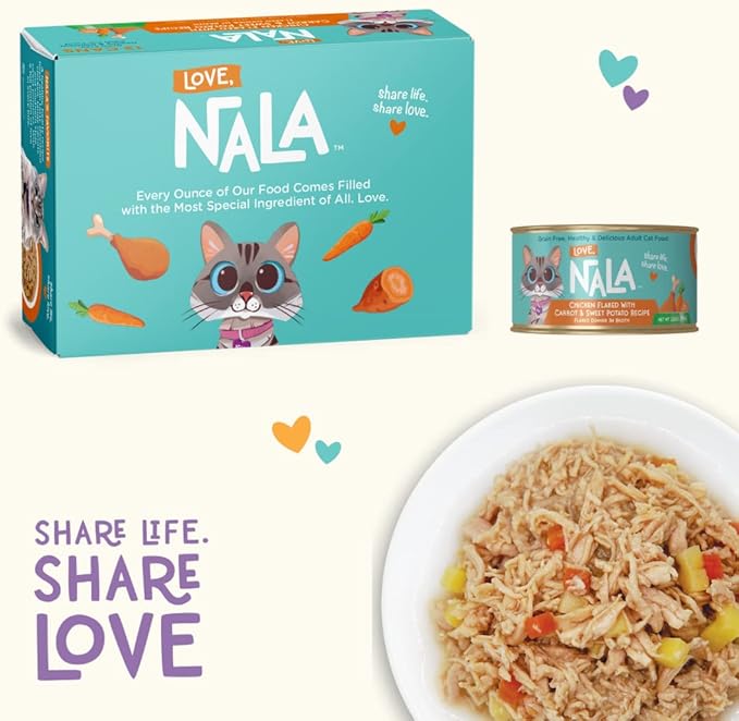 LOVE, NALA - Natural Adult Cat Wet Food - FLAKED Chicken with Carrot &amp; Sweet Potato in Broth - Grain Free, Non-GMO, Lean Protein, Digestive Fiber Blend, Added Minerals &amp; Vitamins - 12 Pack, 2.4 lbs.