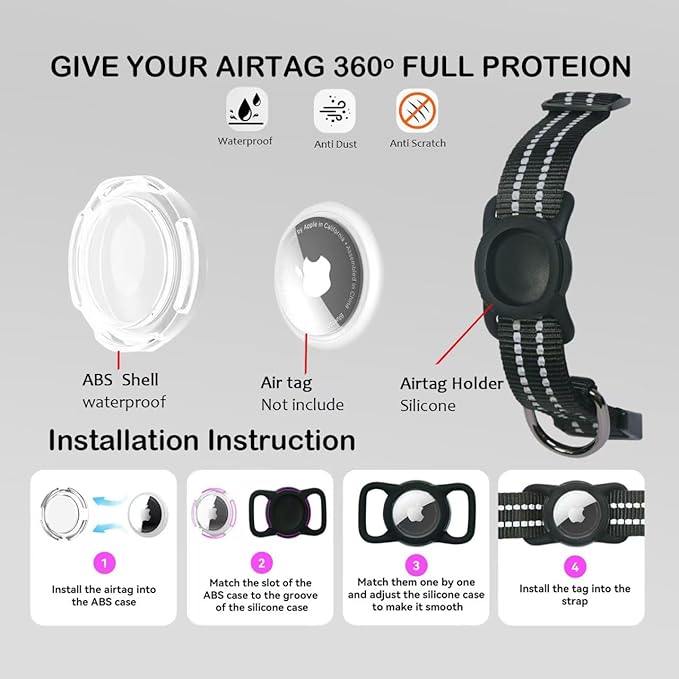 Reflective Dog Collar with Apple AirTag Holder &amp; QR Code Pet ID Tag,Soft Nylon Adjustable Dog Tracker Collar with Safety Lock for Large Dogs(Black, L)