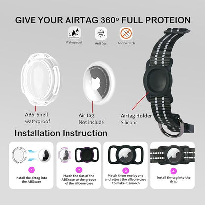 Reflective Dog Collar with Apple AirTag Holder &amp; QR Code Pet ID Tag,Soft Nylon Adjustable Dog Tracker Collar with Safety Lock for Medium Dogs(Black, M)