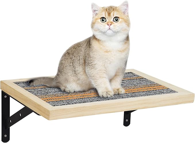 Handcrafted Wood Cat Perch &amp; Shelves - Floating Shelf with Cat Hammock Seat, Lounge Bed, Climbing Steps for Relaxing, Playing and Scratching