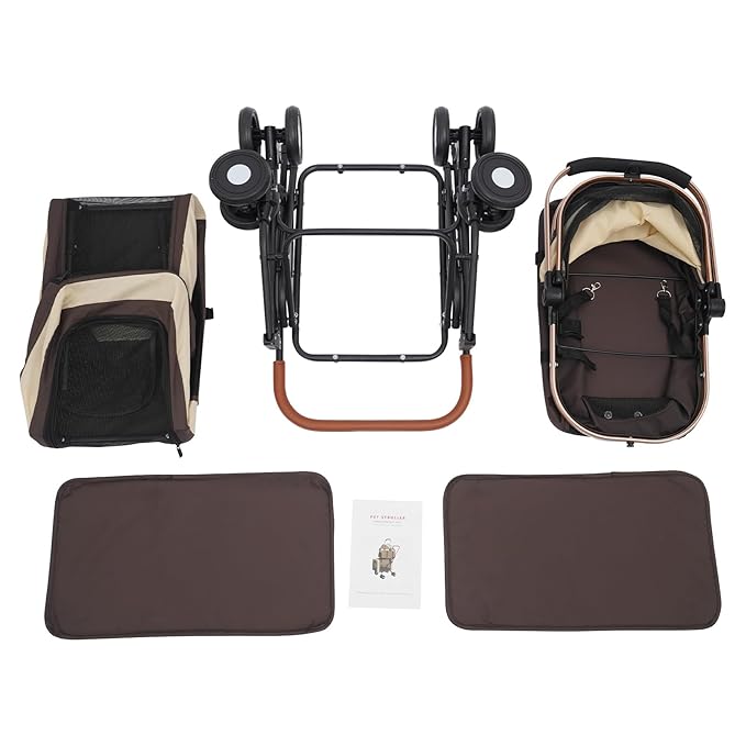 Double Pet Stroller with Detachable Carriers, Large Cat &amp; Dog Stroller with 4 Wheels, Foldable Pet Strollers Small &amp; Medium Dogs Cats 77lbs (Coffee Color)