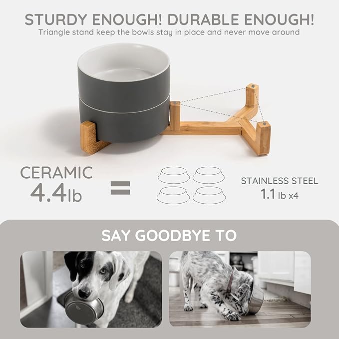 SPUNKYJUNKY Ceramic Dog and Cat Bowl Set with Wooden Stand, Modern Cute Weighted Food Water Set for Small Size Dogs (13.5OZ) &amp; Medium Sized Dogs (28.7OZ) &amp; Cats (3.6 Cups, 2 × White-Grey)