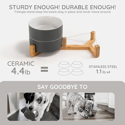 SPUNKYJUNKY Ceramic Dog and Cat Bowl Set with Wooden Stand, Modern Cute Weighted Food Water Set for Small Size Dogs (13.5OZ) &amp; Medium Sized Dogs (28.7OZ) &amp; Cats (3.6 Cups, 2 × White-Grey)