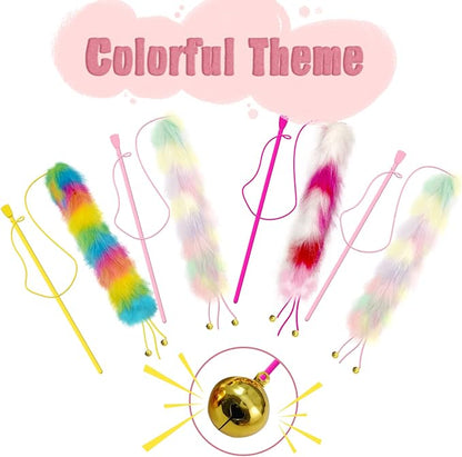 4 Pack Cat Wand Toy, Rainbow Cat Feather Toys with Bells, Teaser Wand with Soft Furry Tail, Interactive Toys for Indoor Cats &amp; Kitten &amp; Kitty