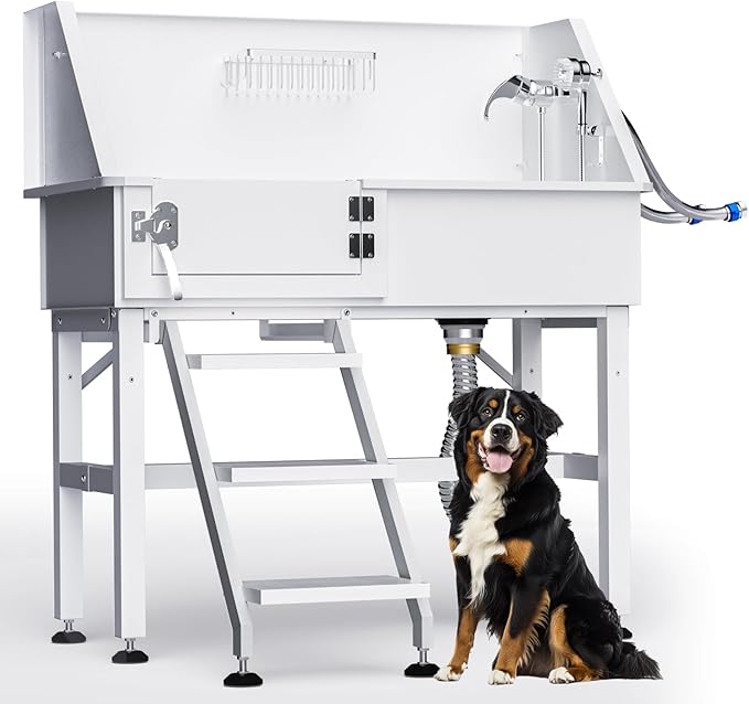 Dog Washing Station for Home, 38" White Professional Stainless Steel Dog Grooming Tub, Height Adjustable Dog Bathing Station, Upgrade Parts, Dog Bath Tubs for Small &amp; Medium Dogs(Left Stair)