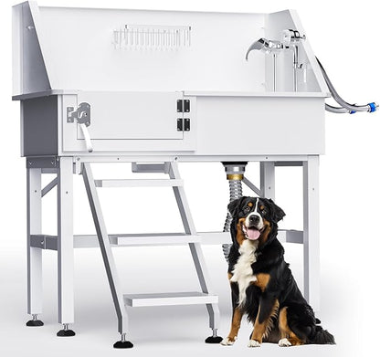 Dog Washing Station for Home, 38" White Professional Stainless Steel Dog Grooming Tub, Height Adjustable Dog Bathing Station, Upgrade Parts, Dog Bath Tubs for Small &amp; Medium Dogs(Left Stair)