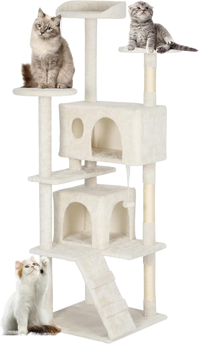 FDW Cat Tree Tower 62in Multi-Level Durable Cat Scratching Post &amp; Cozy Fun Jumping Platform Space Saving Condo Pet Play House for Indoor Cats, Beige