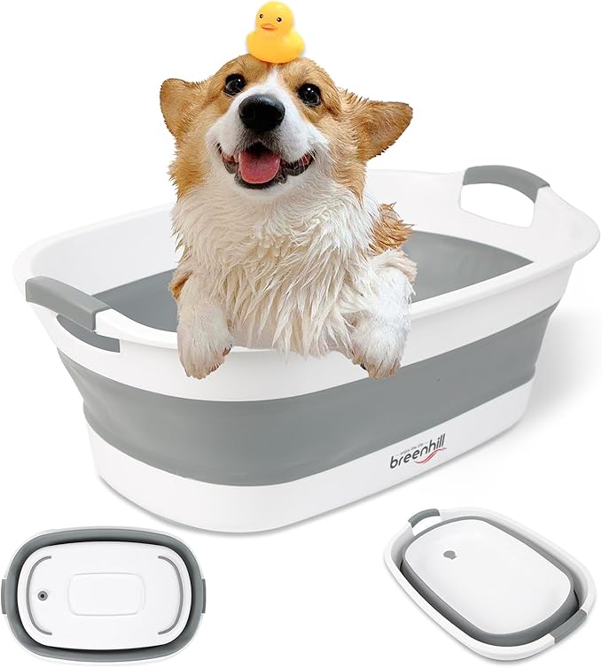 Collapsible Dog Bath Tub for Small Dogs &amp; Cats, Portable Puppy Bath Tub with Water Drain Plug, Space Saving Foldable Pet Bathtub for Indoor &amp; Outdoor Use, Grey