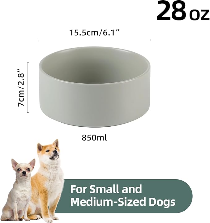 Ceramic 6.1inch Non-Slip Dog Food and Water Bowl for Small &amp; Medium Breed Dogs,Pet Bowl for Replacement, Protects Cervical Spine (Grey)