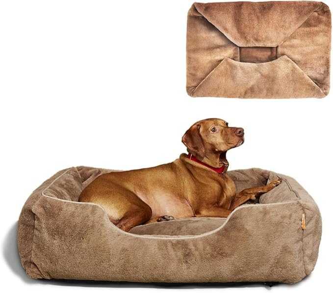 FUZI Luxury Aesthetic Dog Bed with Extra Cover for Large Dogs, Washable Pet Couch, Pet Bed with Sides, Non-Slip Bottom, Soft &amp; Durable Calming Dog Bed, Faux Rabbit Fur, Large 35.6x28.5x9.5 Light Brown