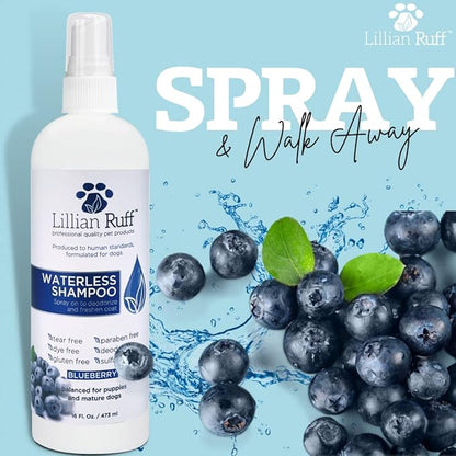 Lillian Ruff PRO Formula Berry Blue Brightening Dog Shampoo + Blueberry Waterless Dog Shampoo - Professional Whitening, Tear Stain Remover &amp; No-Rinse Hydrating Odor Control, Aloe+Coconut Oil, USA Made