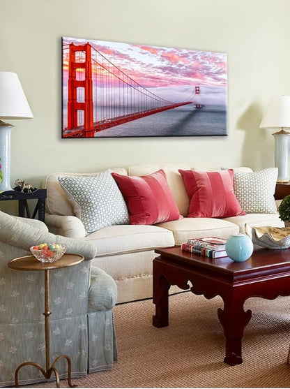 San Francisco Red Golden Gate Bridge At Dusk Canvas Wall Art For BedRoom,Modern Realism City Building Picture,Califonia Foggy Cityscape Painting Decor,Bracket Fixed Ready To Hang,Inner Frame (30x60)