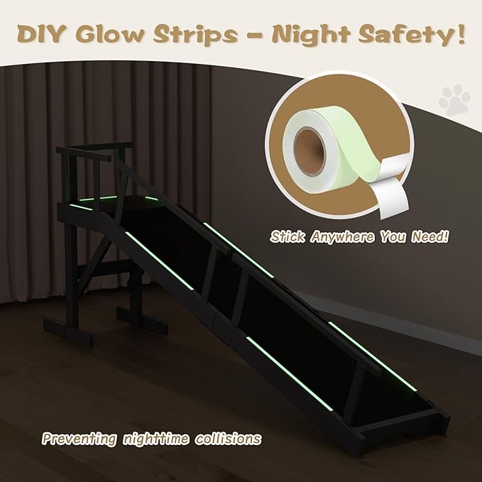 61" Dog Ramp for Bed, Pet Ramp with Removable Side Rail and Non-Slip Surface, Pet Ramp for Small &amp; Large &amp; Senior Dogs with Rest Platform and DIY Glow Strips,Dog Stairs for Couch,Black