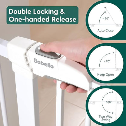 Babelio Metal Baby Gate, 29-48“ Auto Close Easy Install Pet Gate, Extra Wide Walk Thru Child Safety Gate, Pressure Mounted Dog Gate for Doorways &amp; Stairs, with Y Spindle Rods, White