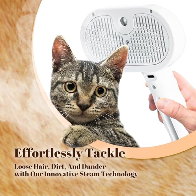 Cat Steam Brush, 3 in 1 Pet Spray Hair Removal Comb for Shedding &amp; Grooming, Pet Grooming Brush with Spray, One-Click Release Button and Tank, Spritz Defur Comb for Cats Dogs, Effective(White)