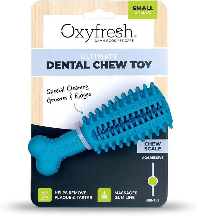 Oxyfresh Dog Dental Chew Toy - Best Durable Rubber Dog Toy &amp; Puppy Teething Toy - Helps Remove Plaque, Cleans Teeth &amp; Freshens Breath Without Brushing (Small)