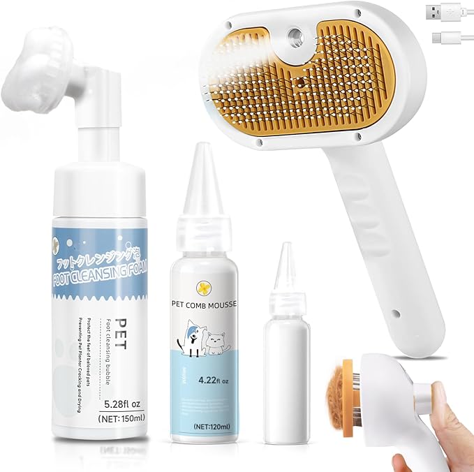 Pet Steam Brush for Dogs &amp; Cats with Paw Cleaner &amp; Shampoo – 3-in-1 Grooming Spray Comb, Mist Massage &amp; Defur Function, Water Spritz Deshedding Tool for Long/Short Hair, Indoor Pets